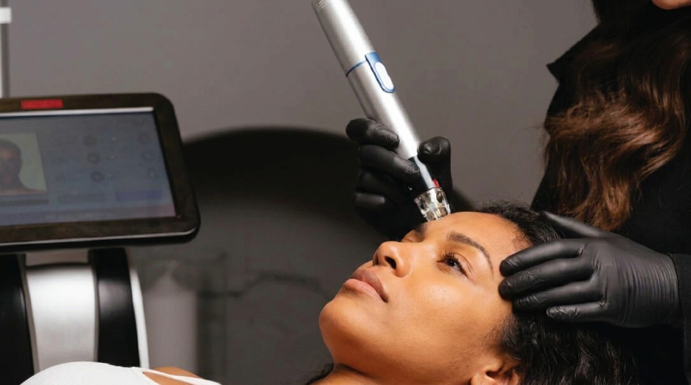A practitioner holds a needle-tipped handpiece against a woman's cheek in front of a large touchscreen console.