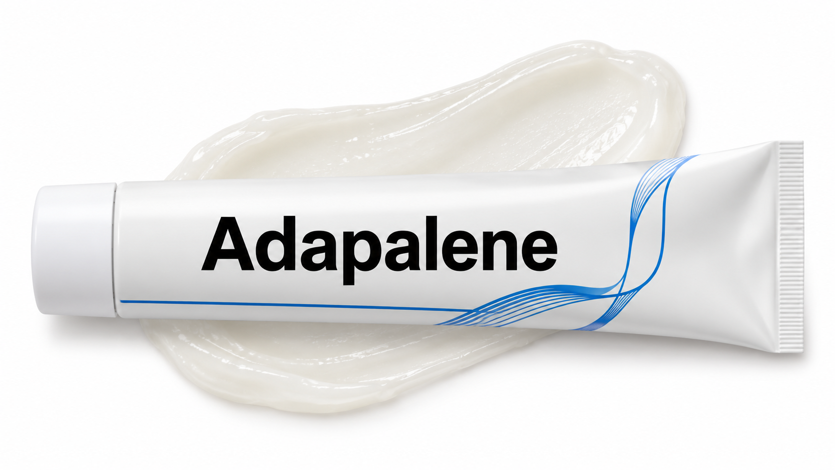Adapalene — white topical squeeze tube with blue accents. smooth opaque off-white gel smear.