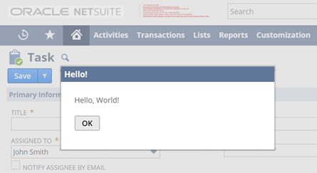 Output from script execution showing Hello, World dialog alert.