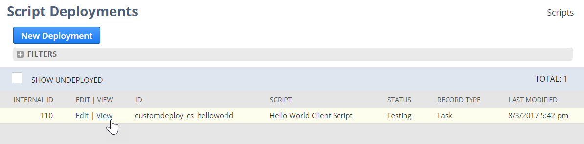 Script Deployments page with View link highlighted.