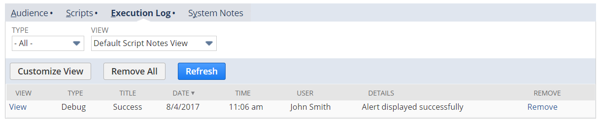Execution Log subtab on Script Deployments page.