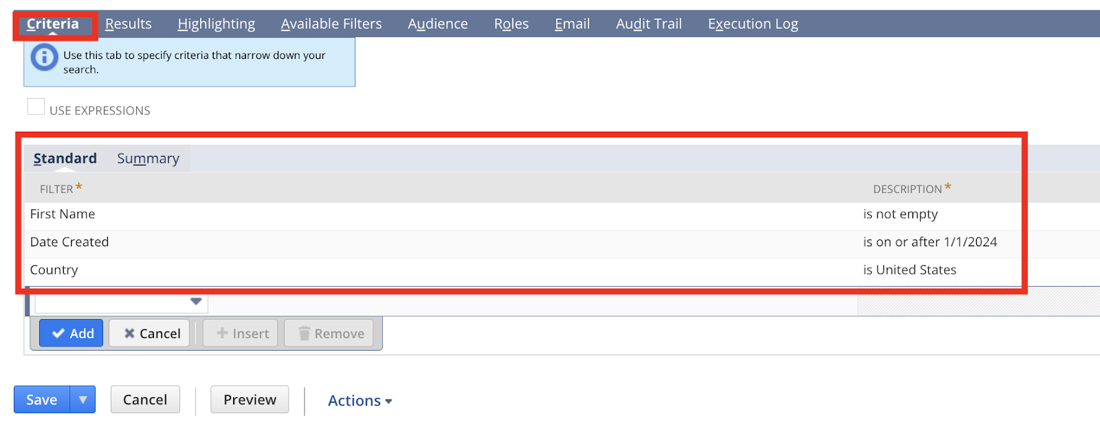 Setting up Saved Search Criteria