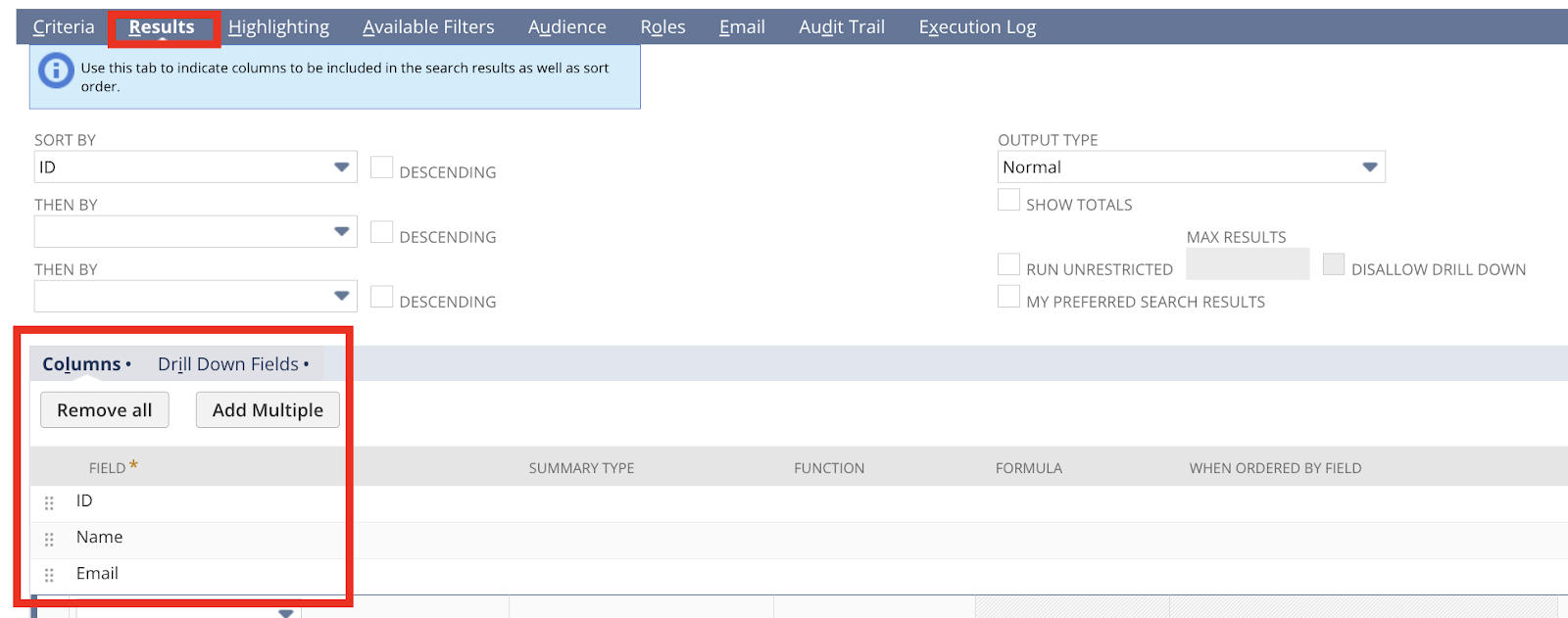 Setting up Saved Search Results