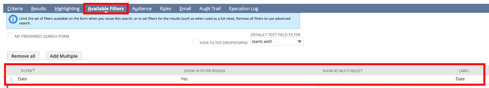 Setting up Saved Search Filters