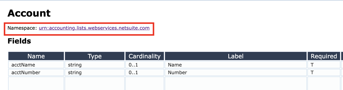 A Namespace link in a NetSuite Schema Browser page