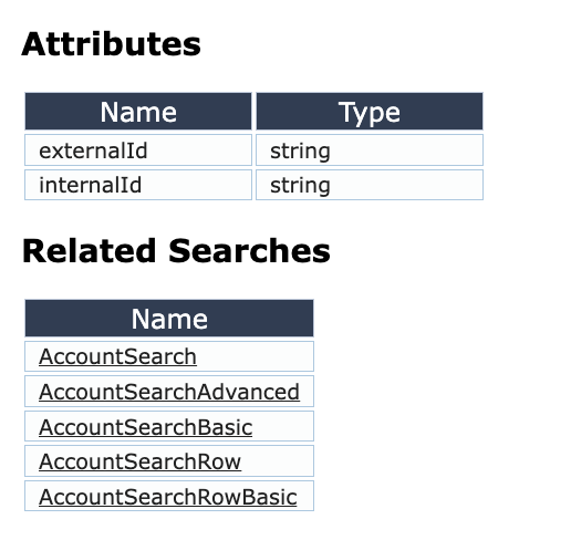 Attributes and Related Searches in a NetSuite Schema Browser page