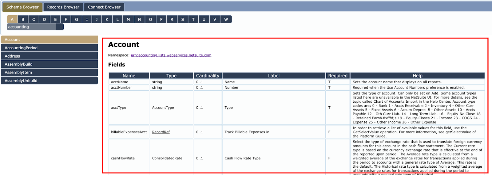 A Summary of the record in a NetSuite Schema Browser page