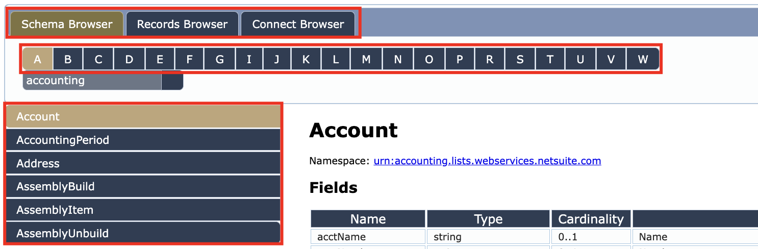A NetSuite Schema Browser page