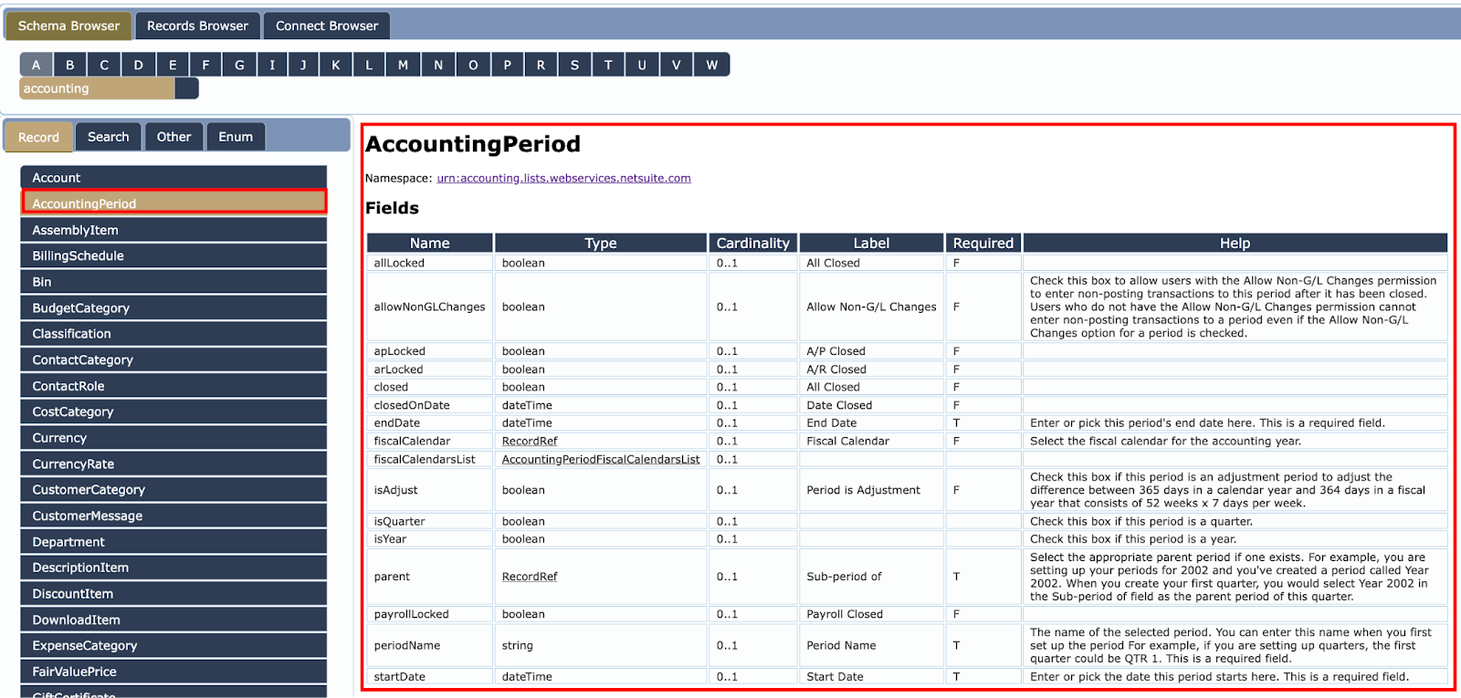 A Namespace view in a NetSuite Schema Browser page