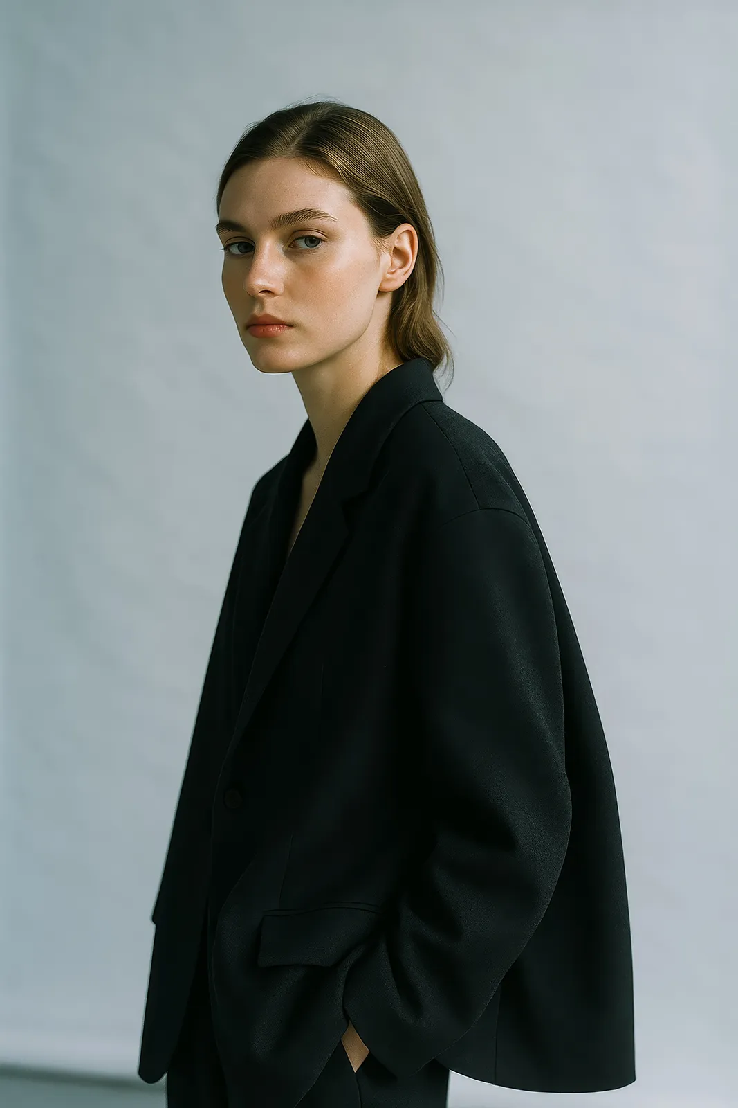 Woman in a black blazer with hands in pockets standing against a plain gray background.