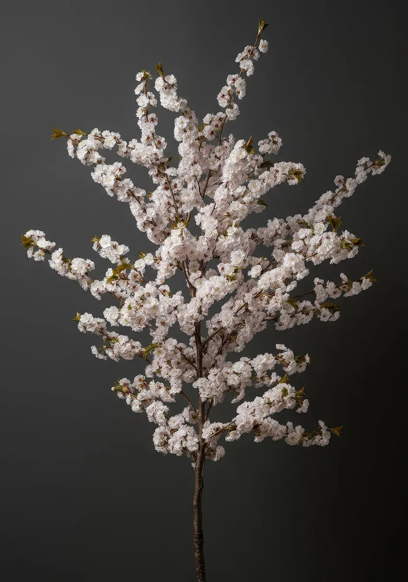 Branch of a flowering cherry tree with pale pink blossoms on a gray background.