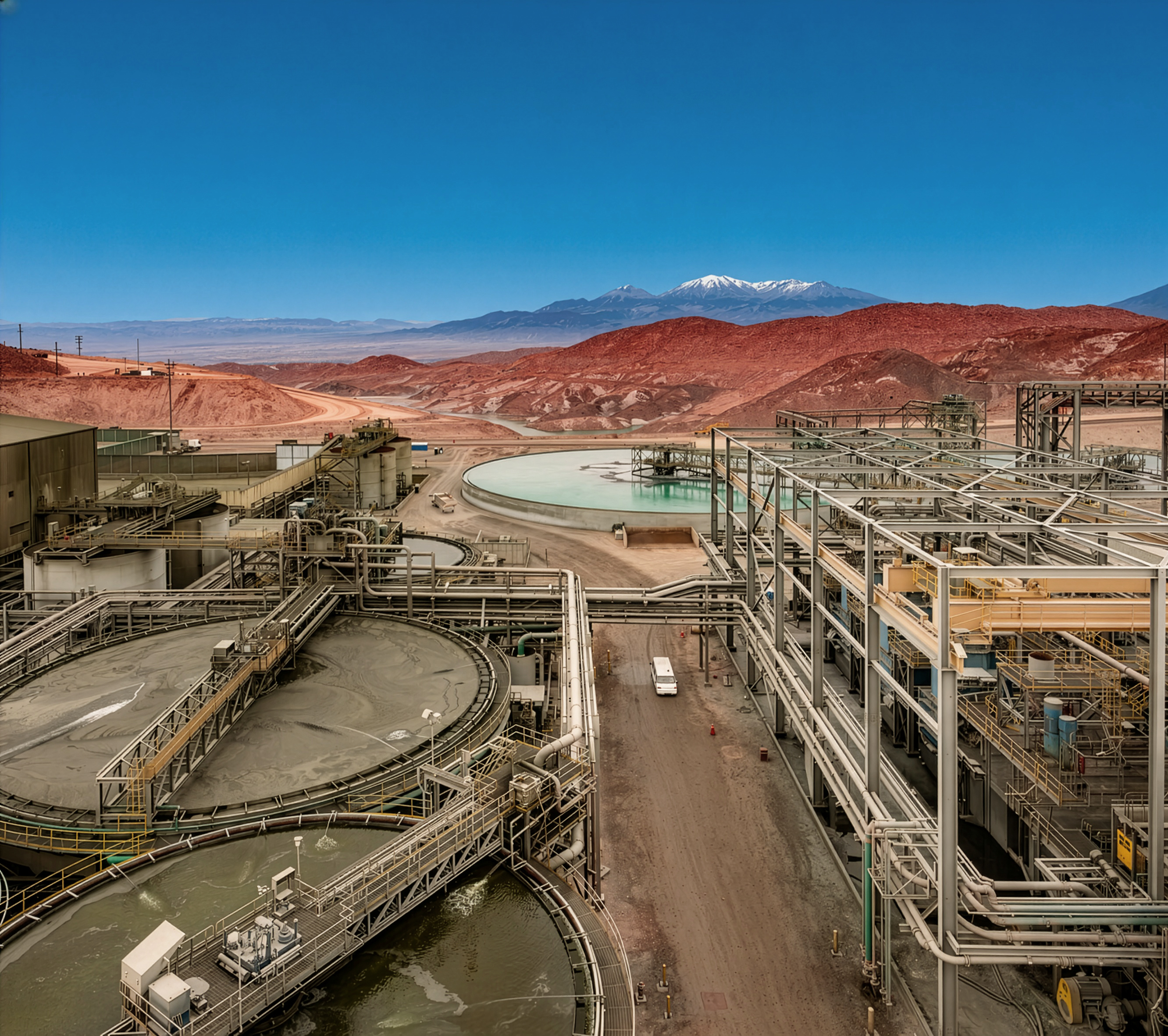 Industrial mining site with large circular pools, pipes, and machinery amid red hills and snow-capped mountains.