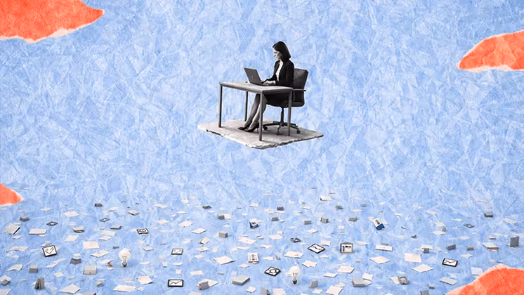 Woman sitting at a desk working on a laptop, floating above scattered papers and icons on a textured blue background.