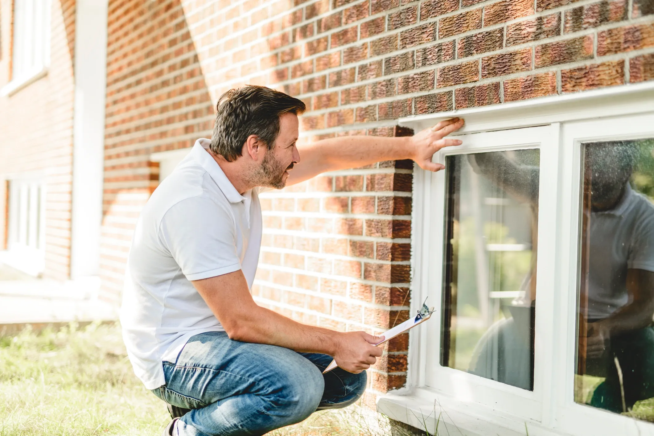 Property inspector checking the exterior of a home during a maintenance inspection