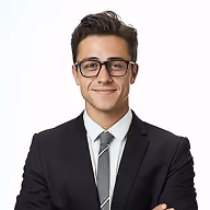 Young man wearing glasses and a black suit with a striped tie smiling against white background.