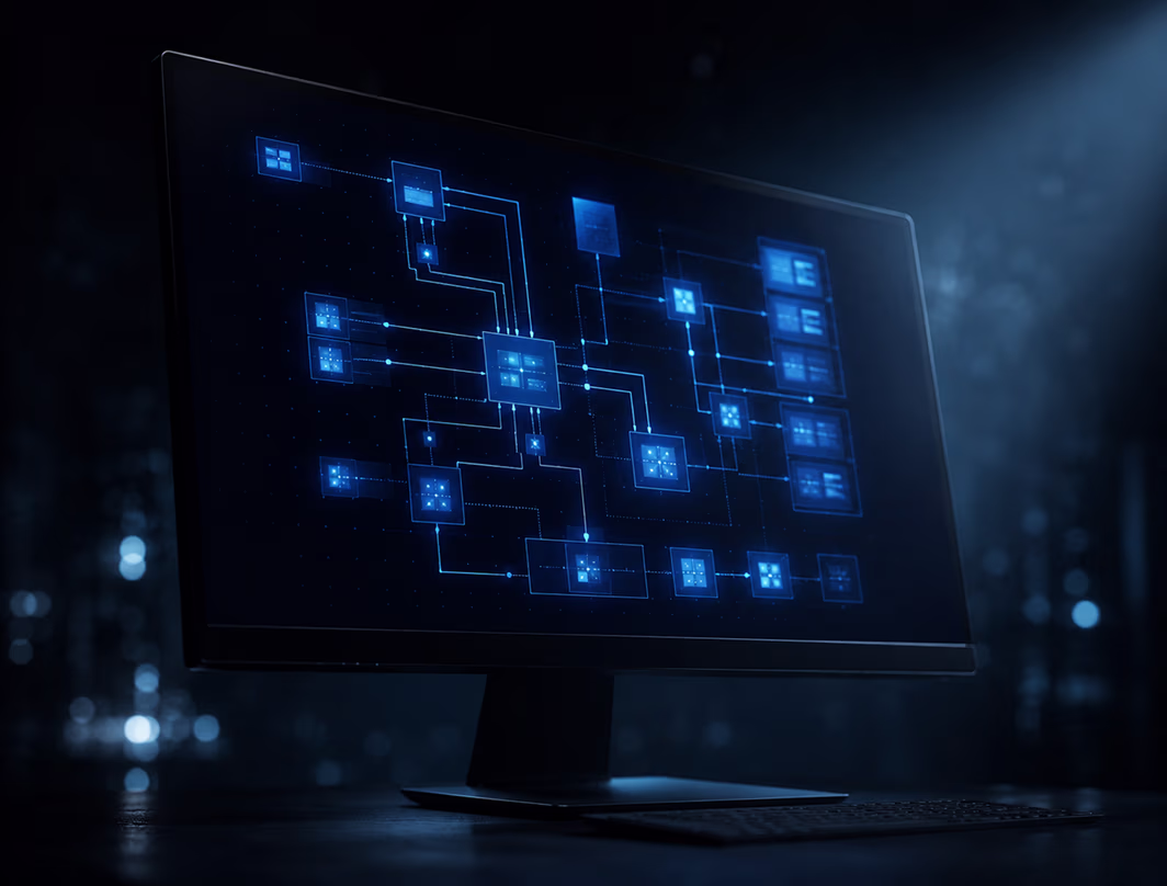 Dark monitor displaying a glowing abstract system architecture diagram in cool blue tones