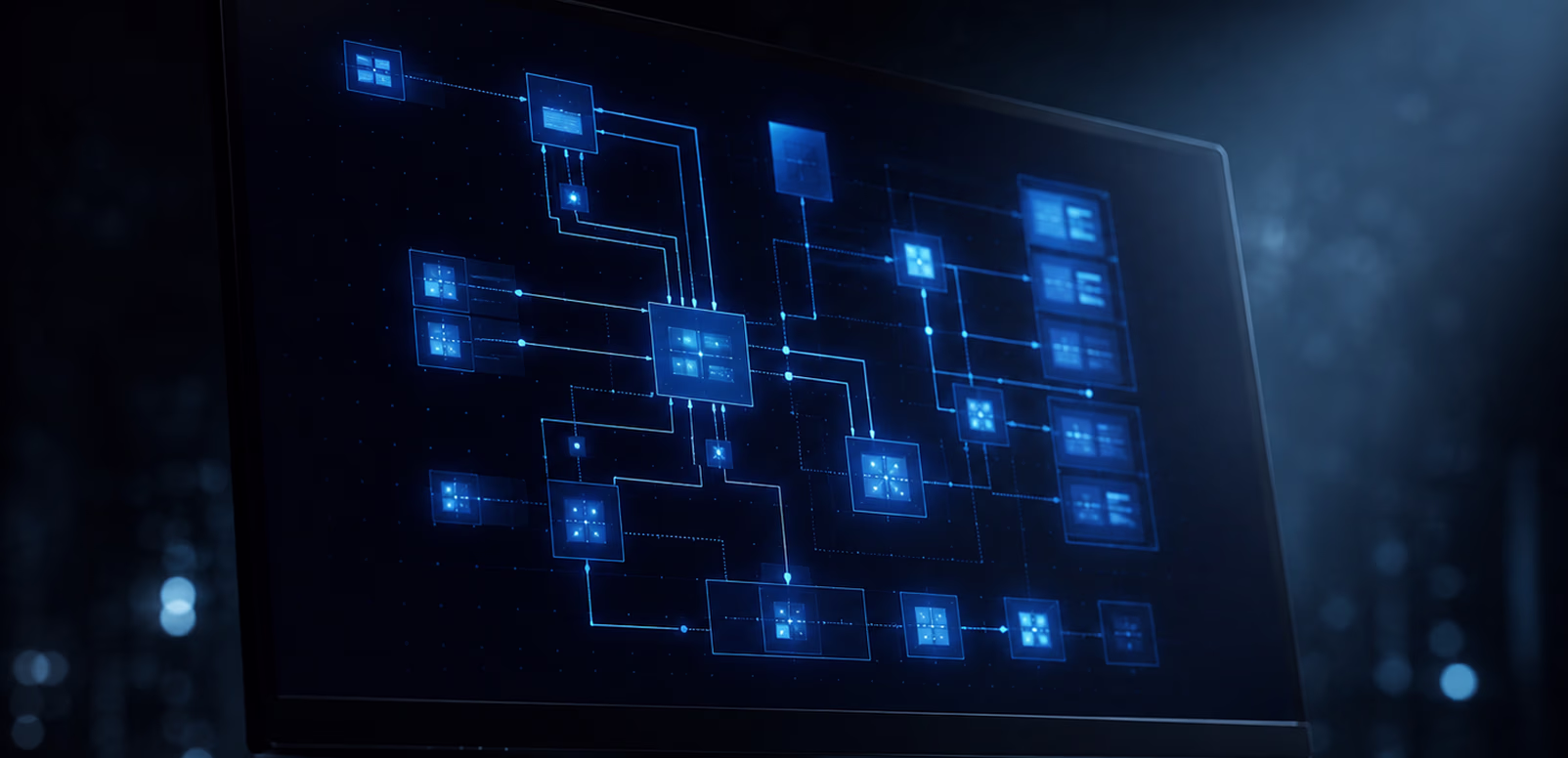 Dark monitor displaying a glowing abstract system architecture diagram in cool blue tones