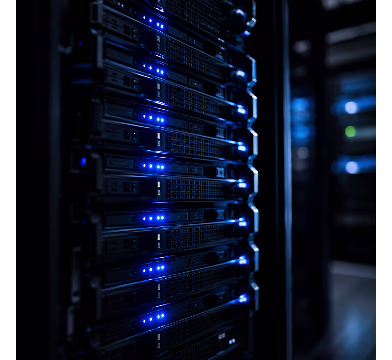 Close-up of server hardware with glowing blue LED indicators in a dark data environment