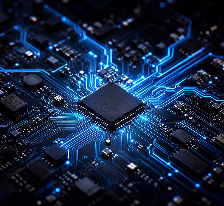 Macro shot of a circuit board with glowing blue signal pathways