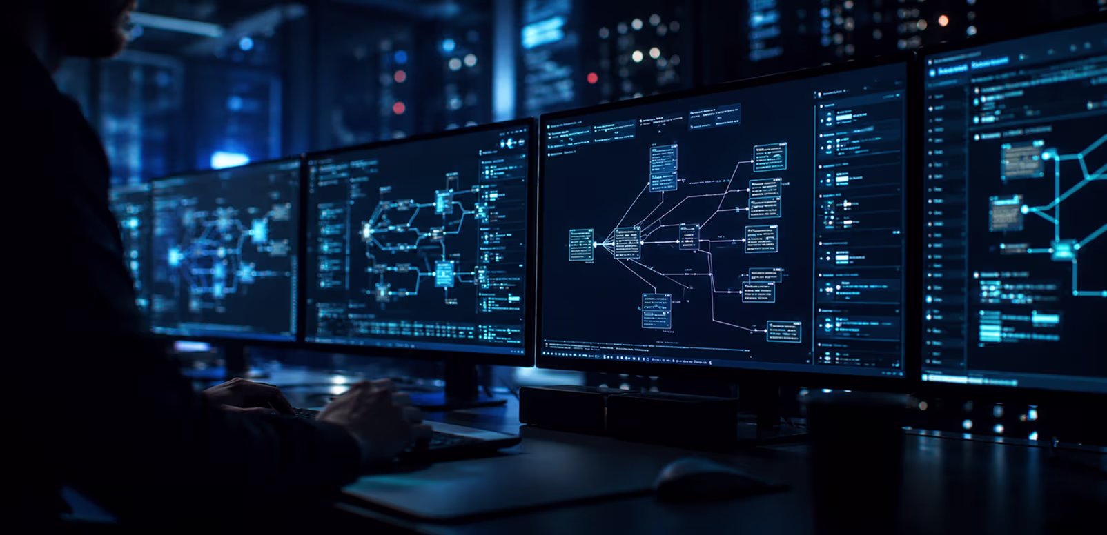 Wide cinematic shot of monitors displaying glowing system architecture diagrams in a dark control room