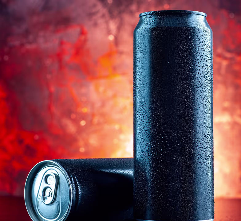 Dark navy beverage can lying on its side against a fiery red and orange abstract background