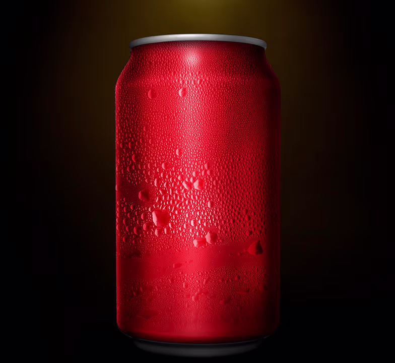 Close-up of a red beverage can with condensation droplets against a dark background