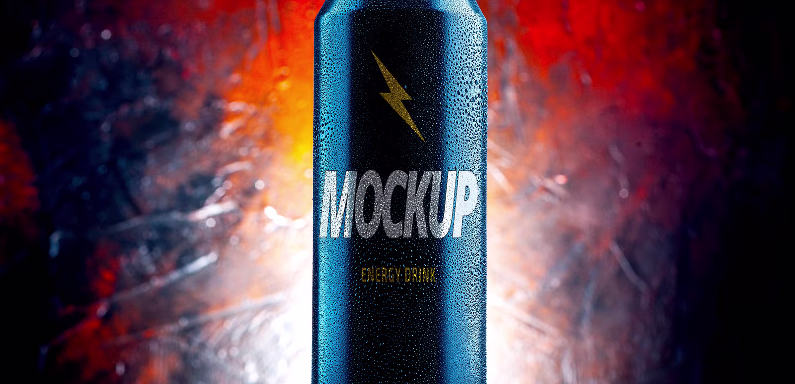 Vertical hero shot of a dark blue beverage can with a lightning bolt design against a swirling fiery abstract background