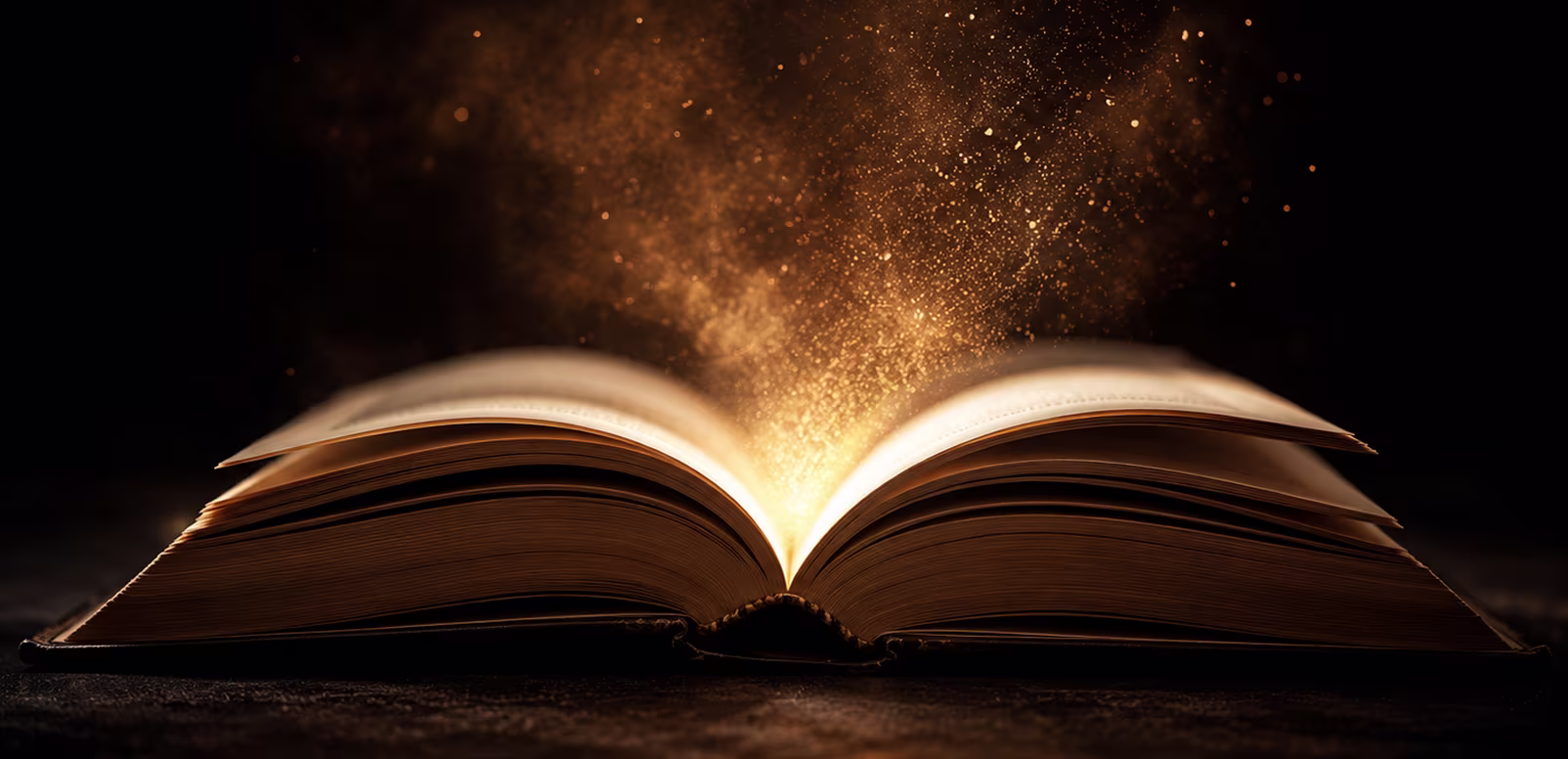 Open book with warm golden light spilling from its pages against a dark background