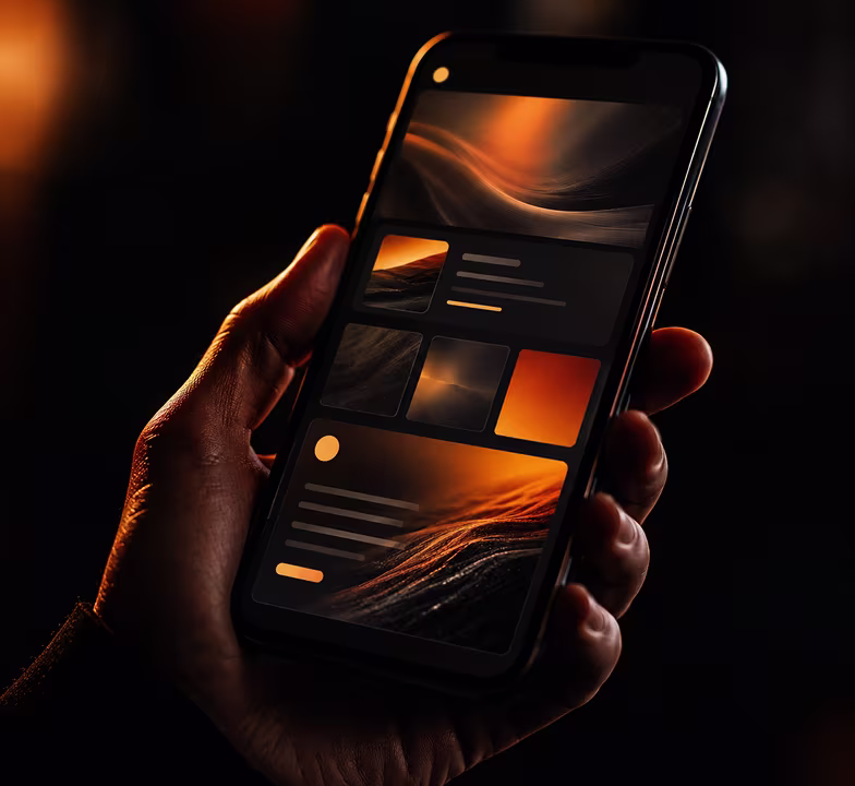 Smartphone displaying a warm-toned abstract content layout in dramatic lighting