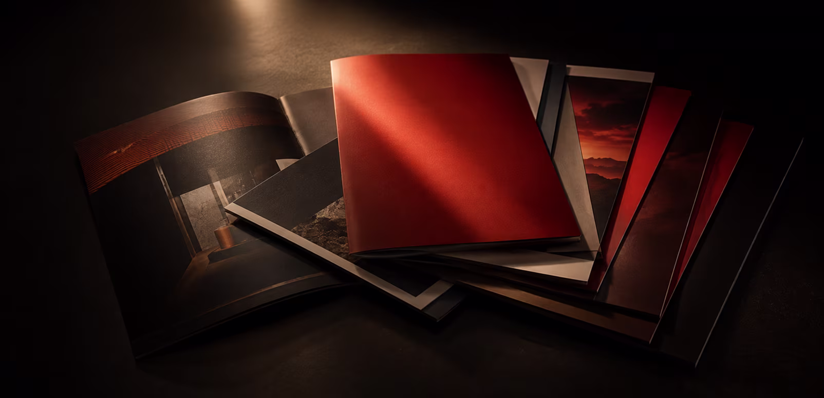 Stack of printed brand collateral fanned out under a dramatic warm spotlight