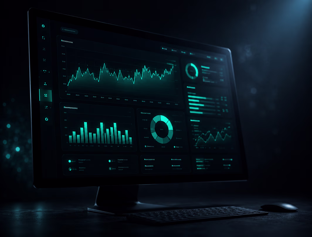 Dark monitor displaying a glowing teal analytics dashboard with abstract charts and graphs
