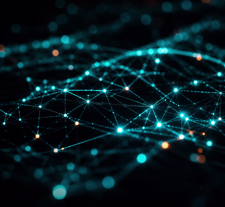 Macro shot of glowing teal data particles forming a network pattern