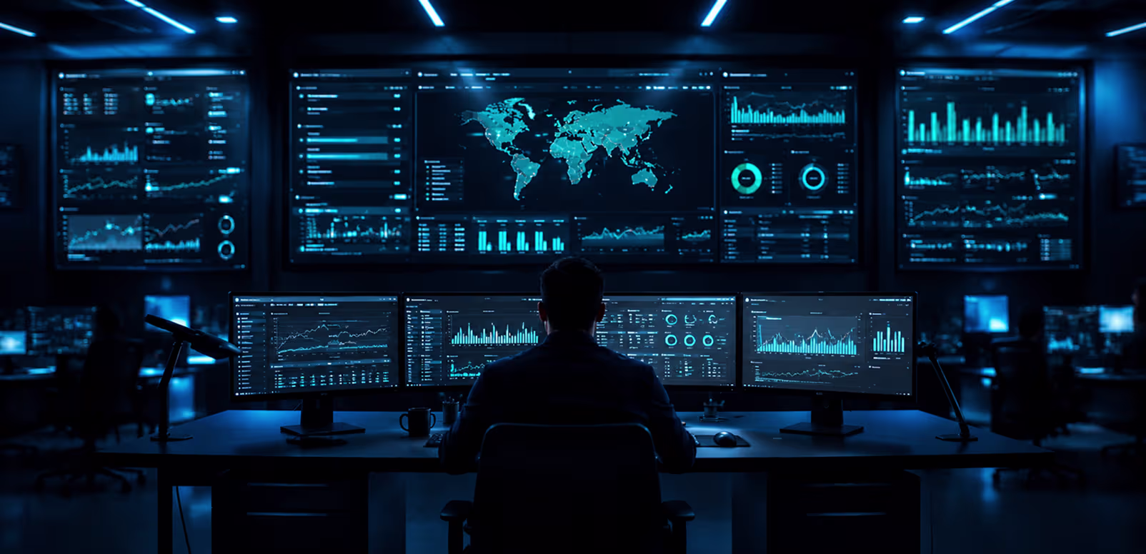 Wide cinematic shot of a dark analytics command center with glowing teal dashboard screens