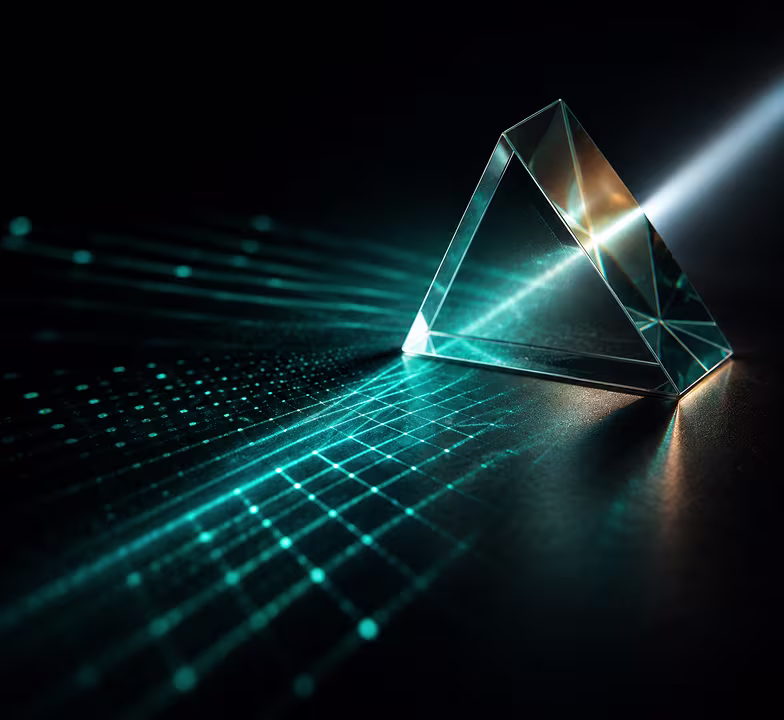 Glass prism refracting light into teal grid-like patterns against a dark background