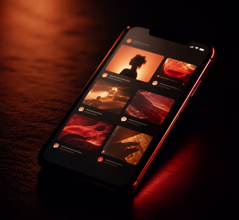 Smartphone displaying a warm-toned abstract social content layout in dramatic lighting