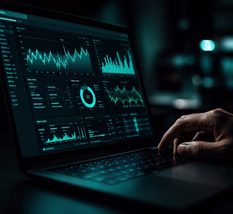 Hand adjusting settings on a laptop displaying a glowing teal analytics dashboard