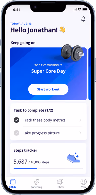 Fitness app screen greeting user and showing today's workout, task list, and step tracker on a smartphone.