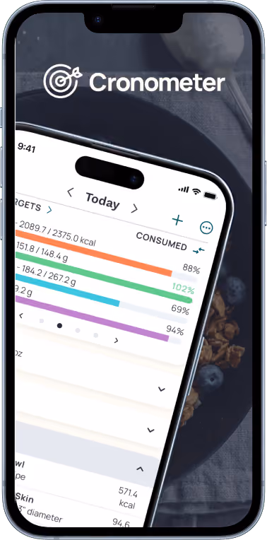 Smartphone displaying Cronometer app with nutrition summary bars over a dark bowl of granola and blueberries.
