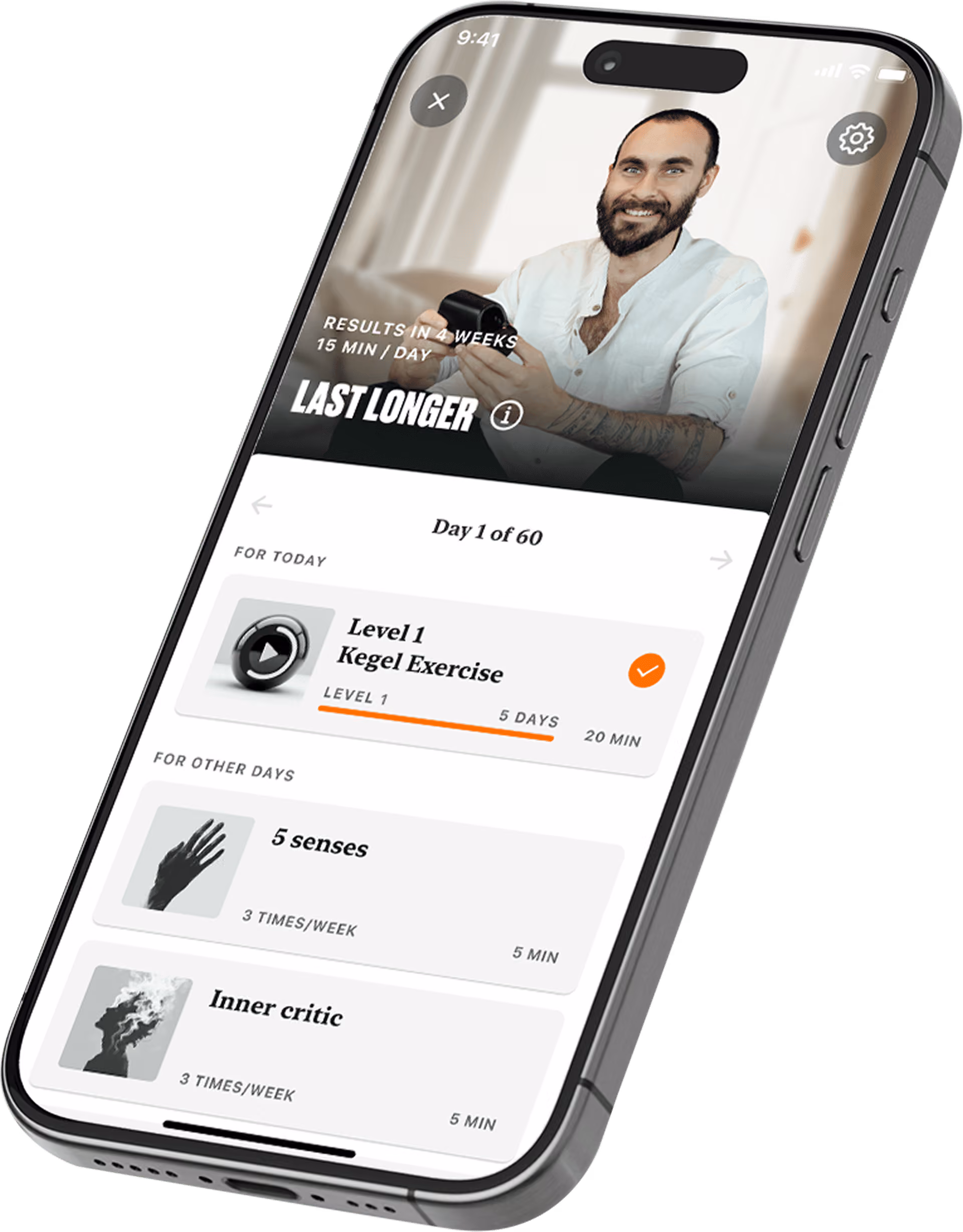 The Coach app: Last Longer program, day 1 of 60 with Kegel exercise and daily practice.