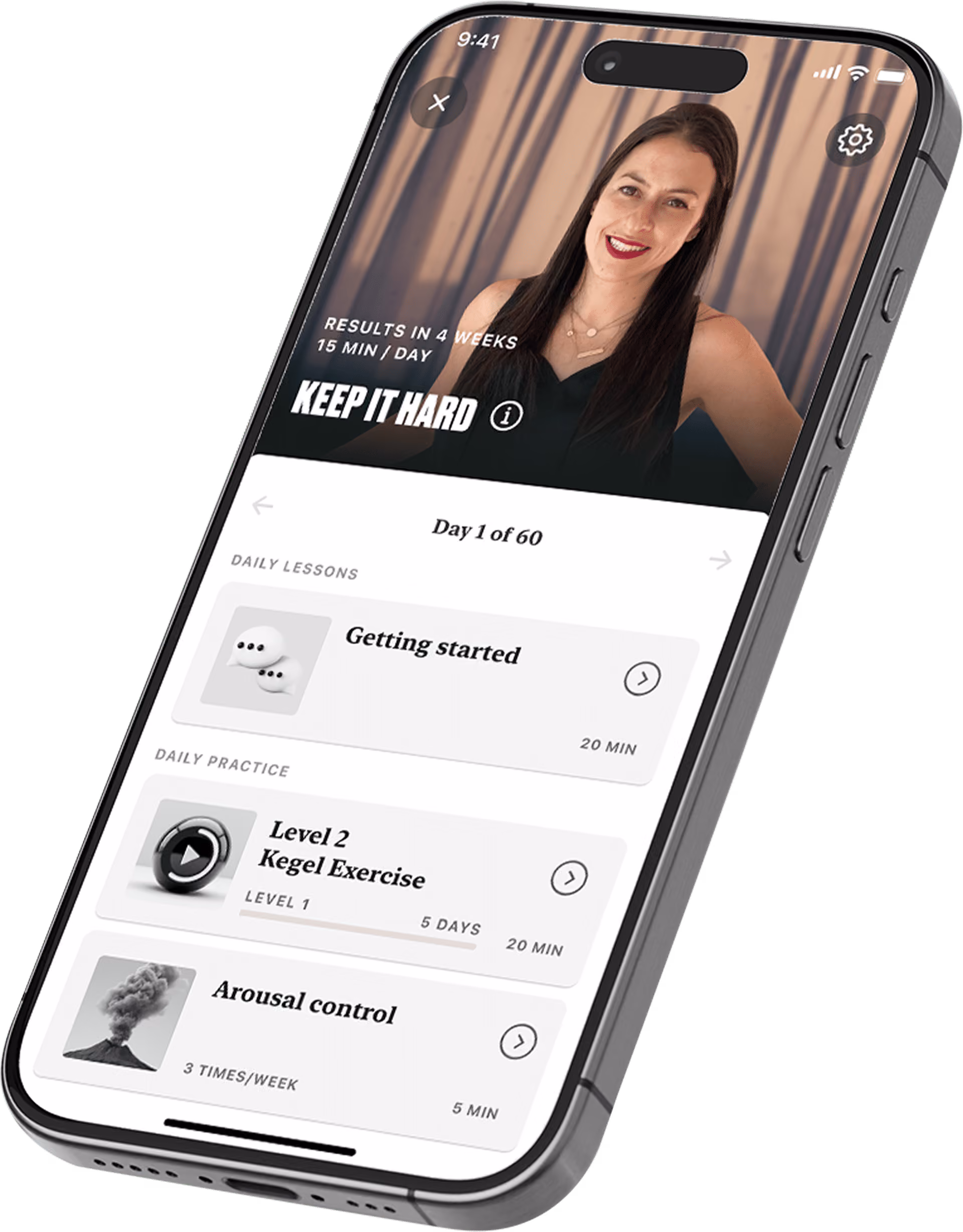 The Coach app: Keep It Hard program day plan with Kegel exercise and arousal control.