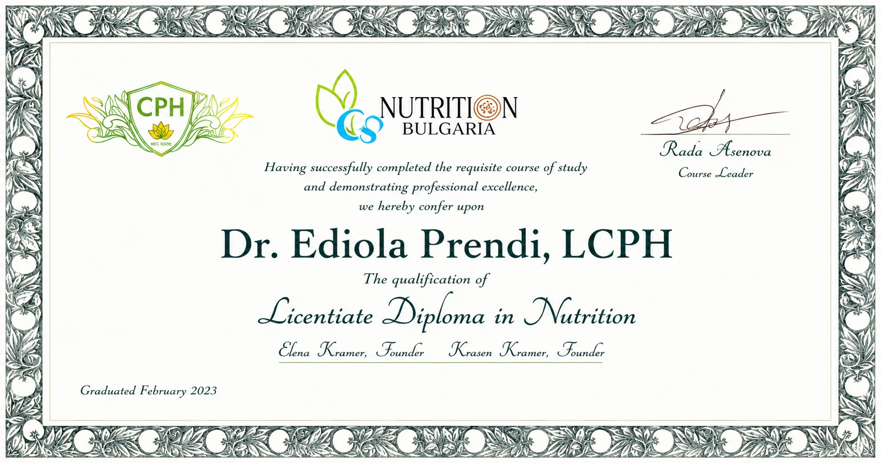др Едиола Пренди,  Diploma in Nutrition, by Nutrition Bulgaria