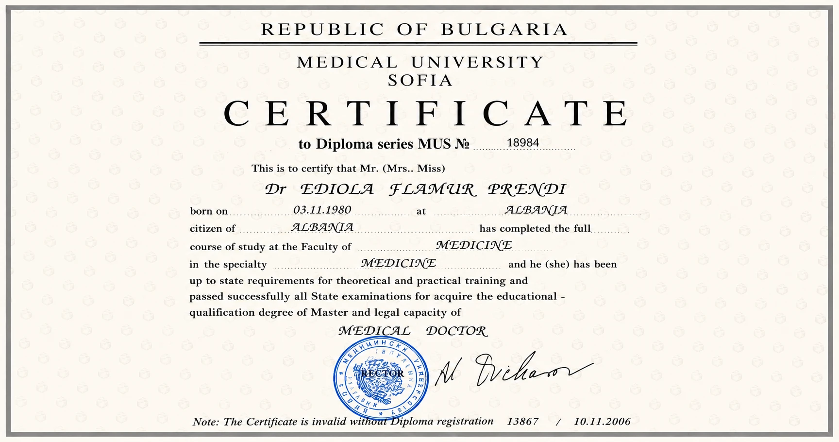 др Едиола Пренди,  Certificate in medicine, by Medical University