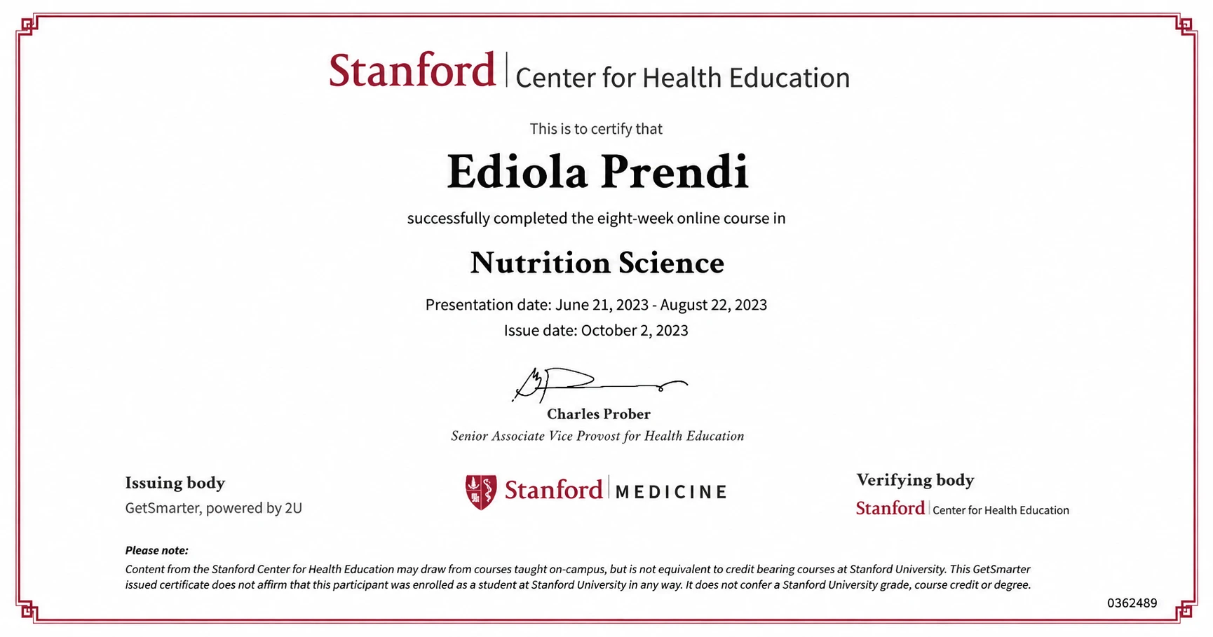 др Едиола Пренди, сертификат Станфорд - nutrition science