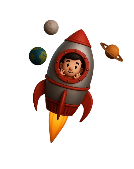 The mober mascot in a red rocket ship surrounded by planets
