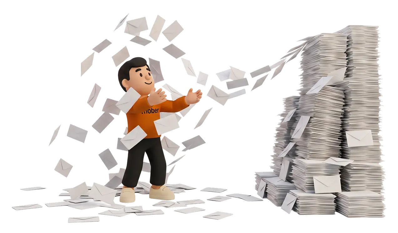Bud, the Mober mascot, sending stacks of emails