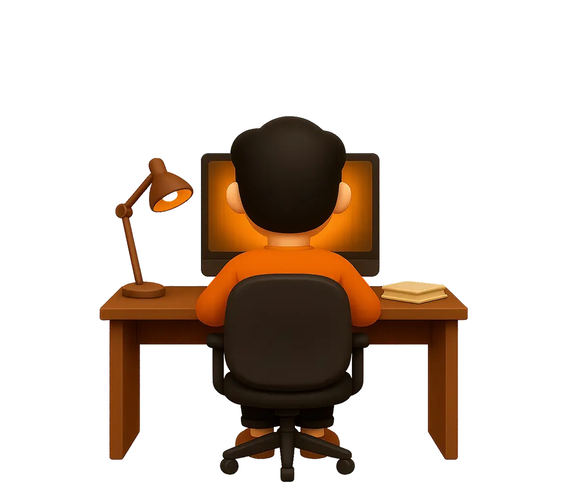 Mober mascot sitting at desk with computer, representing our hands-on marketing and content creation process.