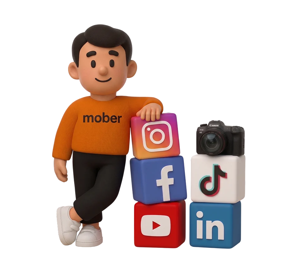 Mober mascot Bud presenting scroll-stopping content on a smartphone, showcasing creative services for finance brokers