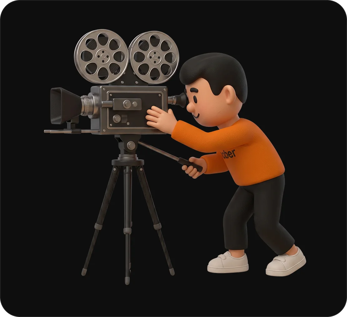 Mober mascot Bud filming with a professional video camera, capturing high-quality marketing content for finance brokers