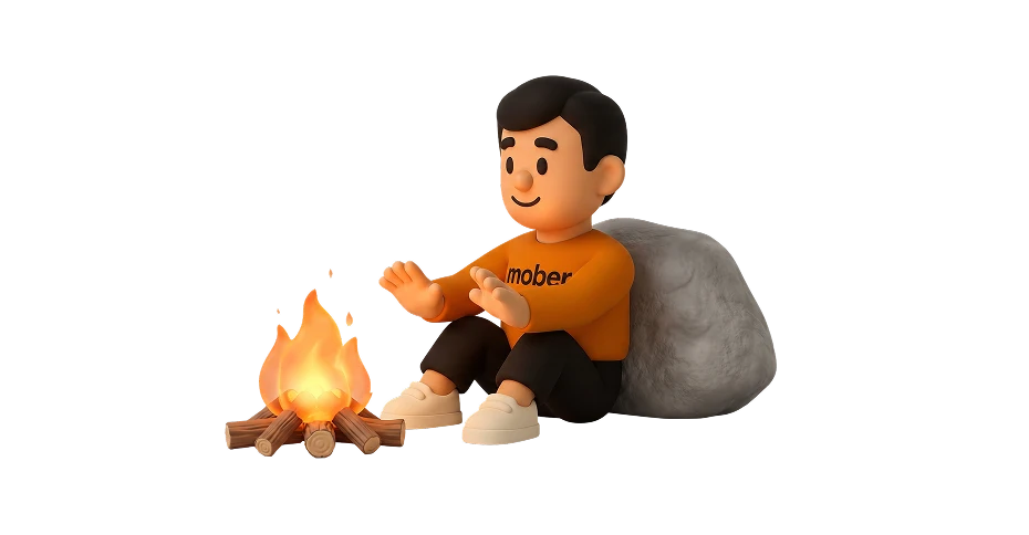 Bud, the Mober mascot, warming his hands by a campfire, representing lead nurturing that keeps mortgage broker leads warm