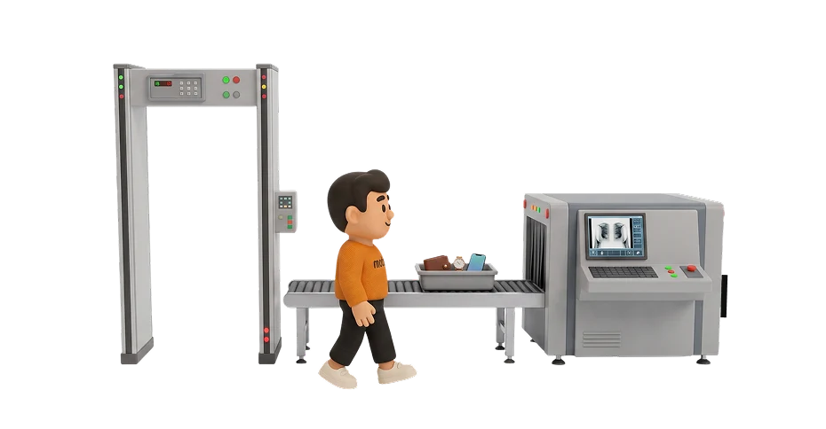 Bud, the Mober mascot, walking through an airport security scanner, representing social media audits for mortgage brokers